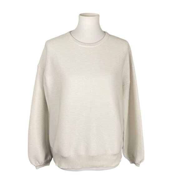 Women’s Oversized Ribbed Knit Crewneck Sweater, medium. Oatmeal Colored Cream - Picture 1 of 11